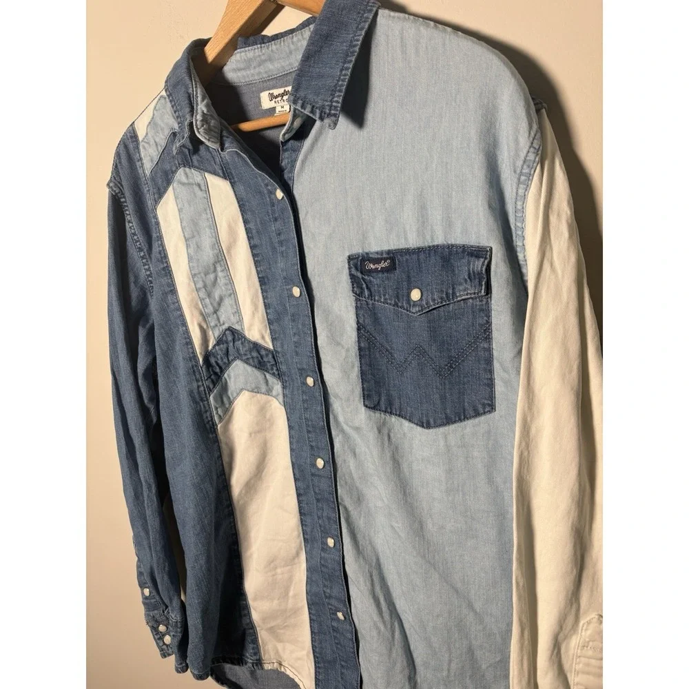 Wrangler Retro Womens Pieced Denim Western Pearl Snap Shirt Patchwork M Medium